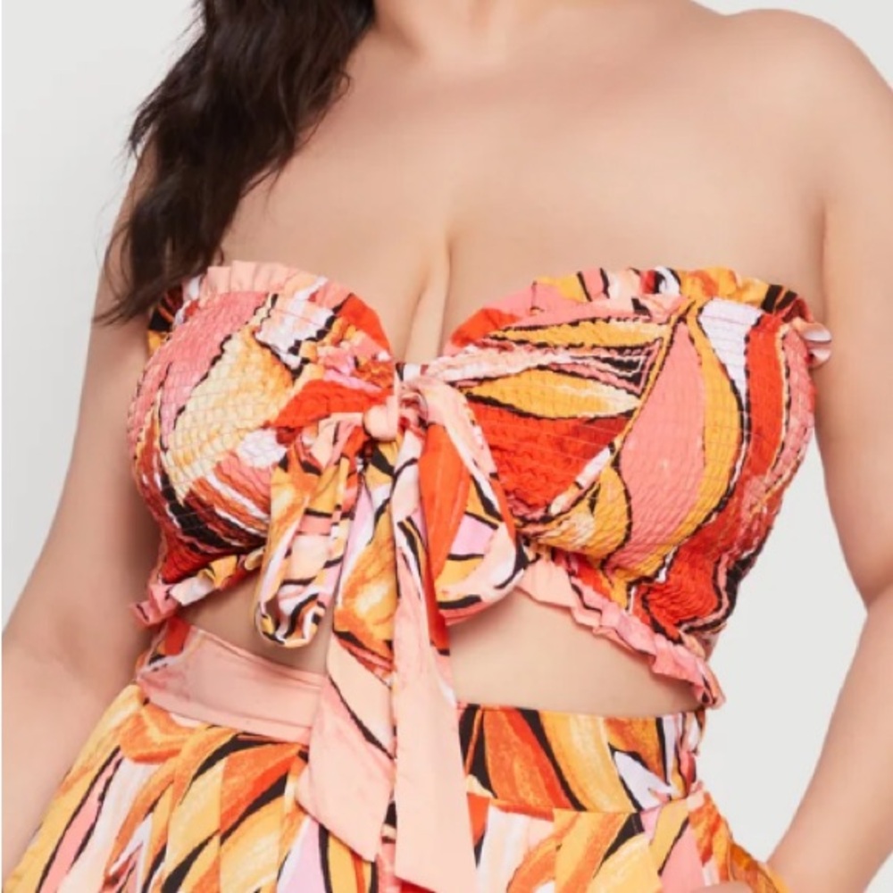 Rainbow Strapless Tropical Crop Top - Orange and Pink - Picture 3 of 7